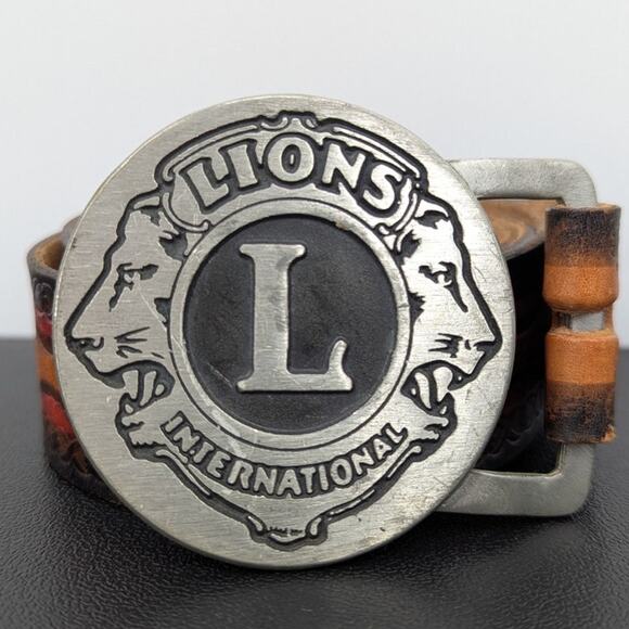 Vintage Lions International Pewter Buckle Tooled Leather Belt Size 36 - Picture 2 of 11